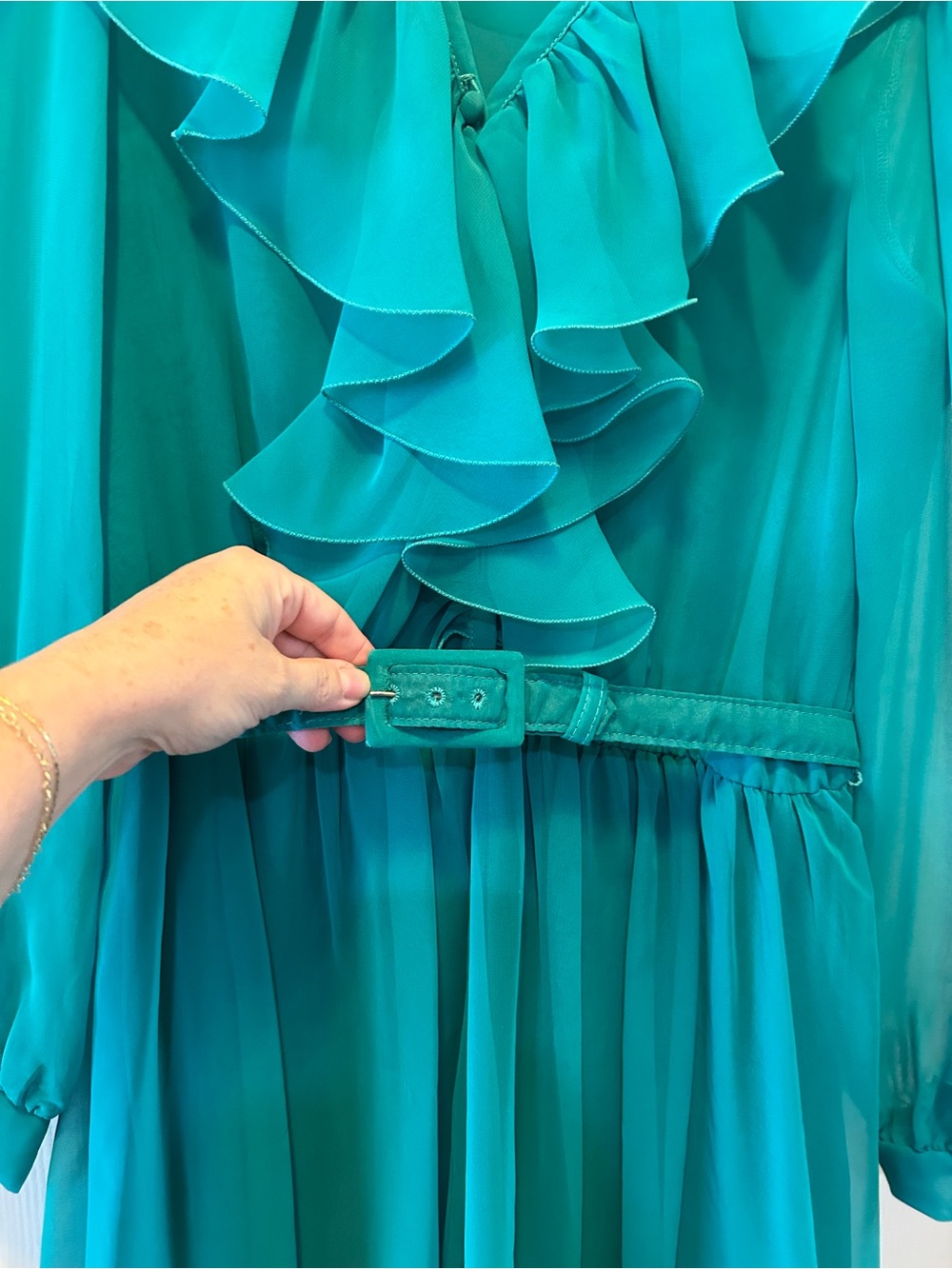 Vincenti Vintage Teal Ruffled Dress with Belt 1960’s-1970’s - Picture 2 of 7